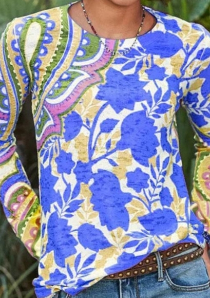 MISSLOOK Tops - MISSLOOK Vintage Leaf Crew Neck Paisley Print Long Sleeve Top Size Women's M NEW